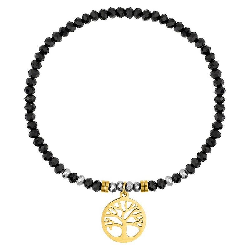 Bracelet Amporelle élastiqué en acier doré avec cristaux noirs et breloque arbre de vie