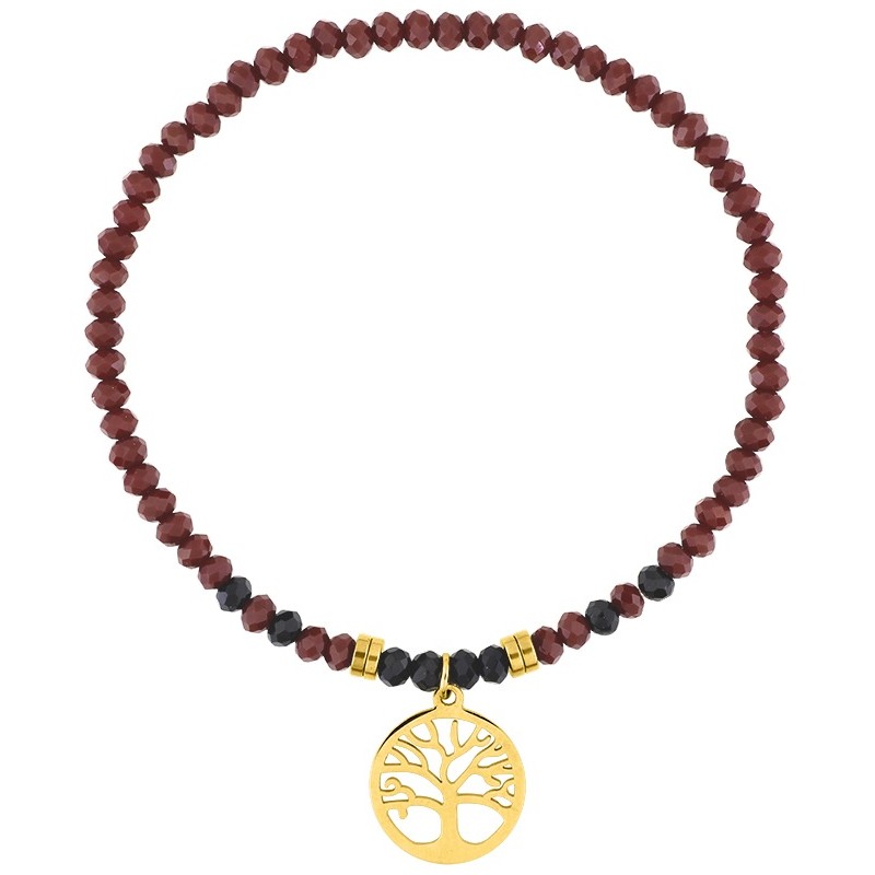 Bracelet Amporelle élastiqué en acier doré avec cristaux rouges et breloque arbre de vie