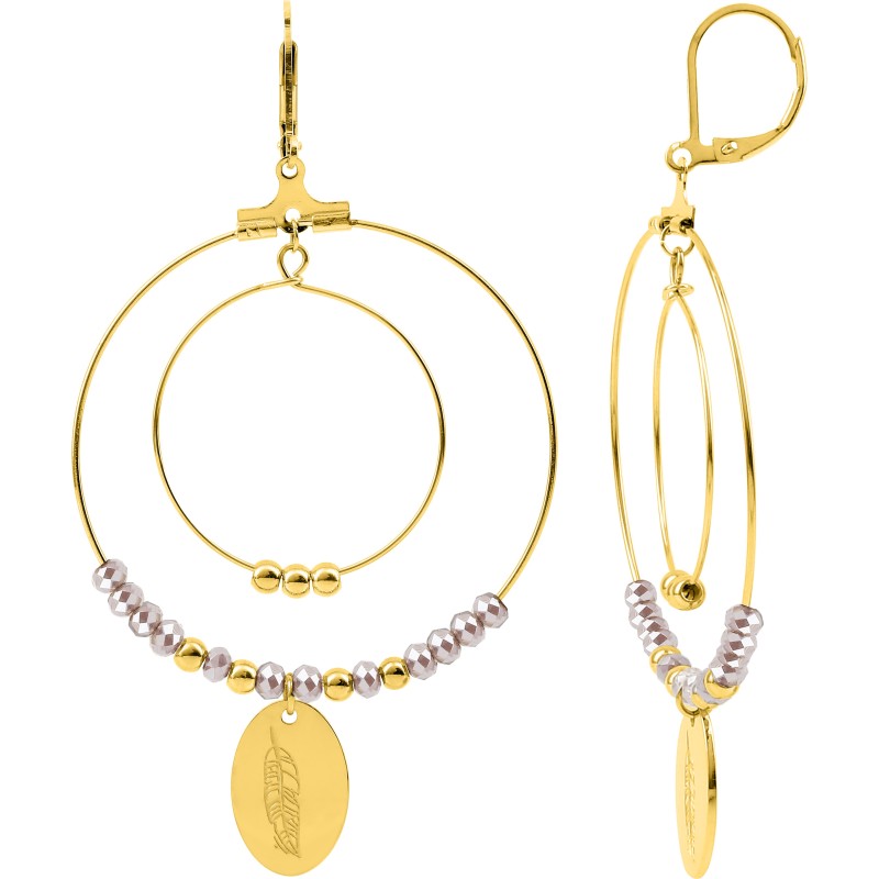 Boucles d'oreilles Dormeuse Amporelle en acier doré avec doubles anneaux et pampilles