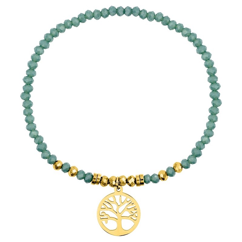 Bracelet Amporelle élastiqué en acier doré avec cristaux turquoises et breloque arbre de vie
