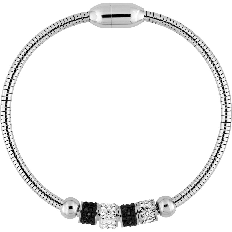 Bracelet Amporelle maille serpent en acier argenté avec  breloques recouverts d'oxydes de zirconiums noirs et incolores