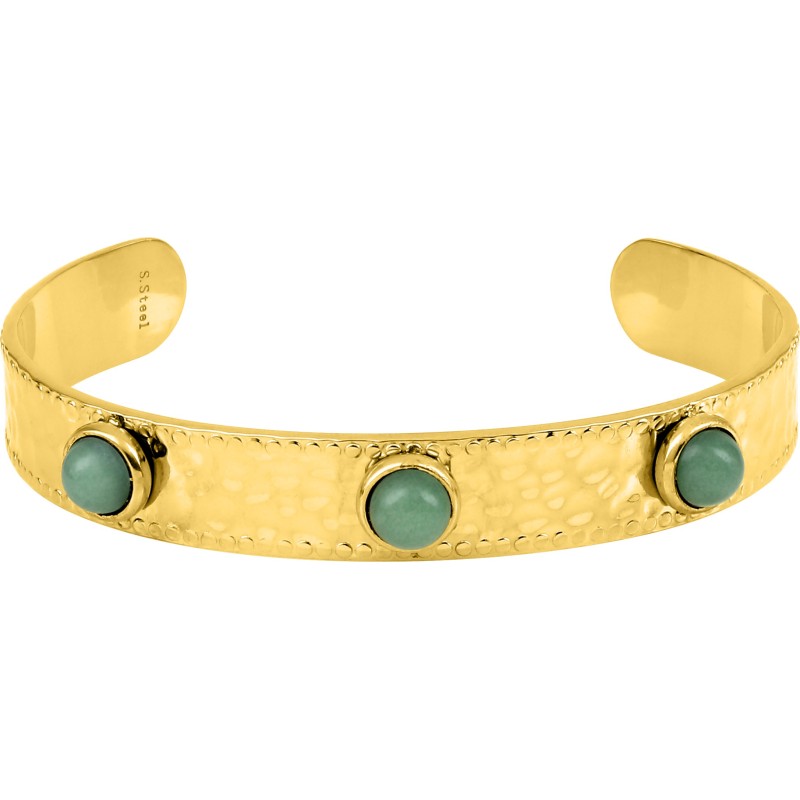 Bracelet Jonc Amporelle en acier doré martelé orné de 3 jades vertes