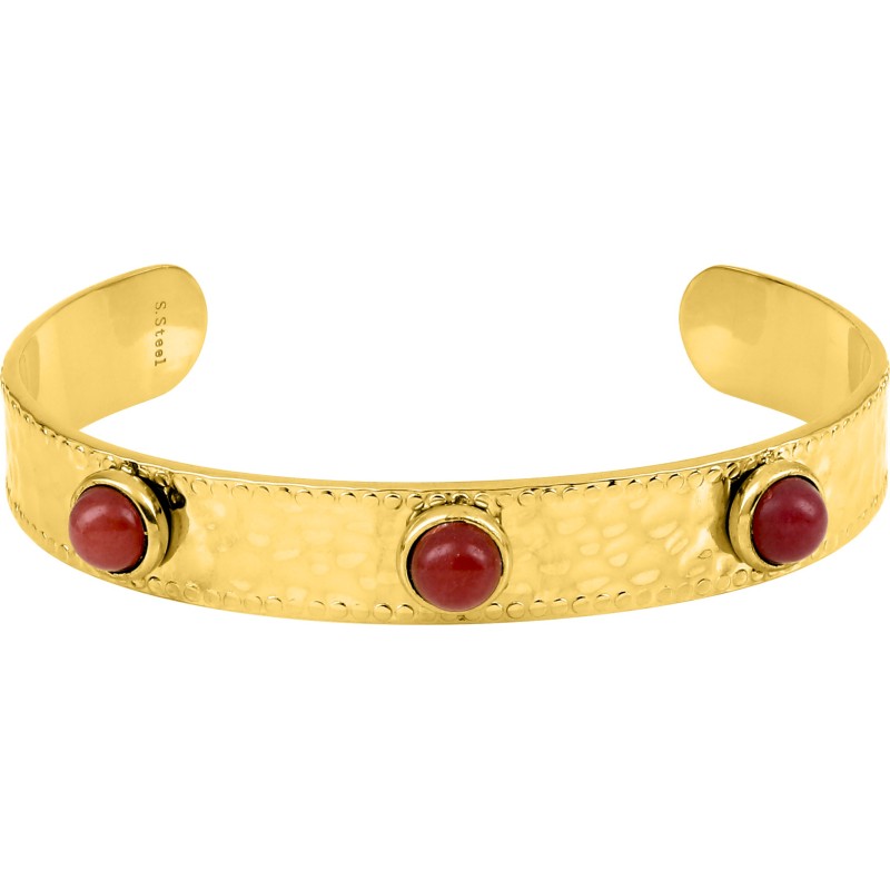 Bracelet Jonc Amporelle en acier doré martelé orné de 3 agates rouges