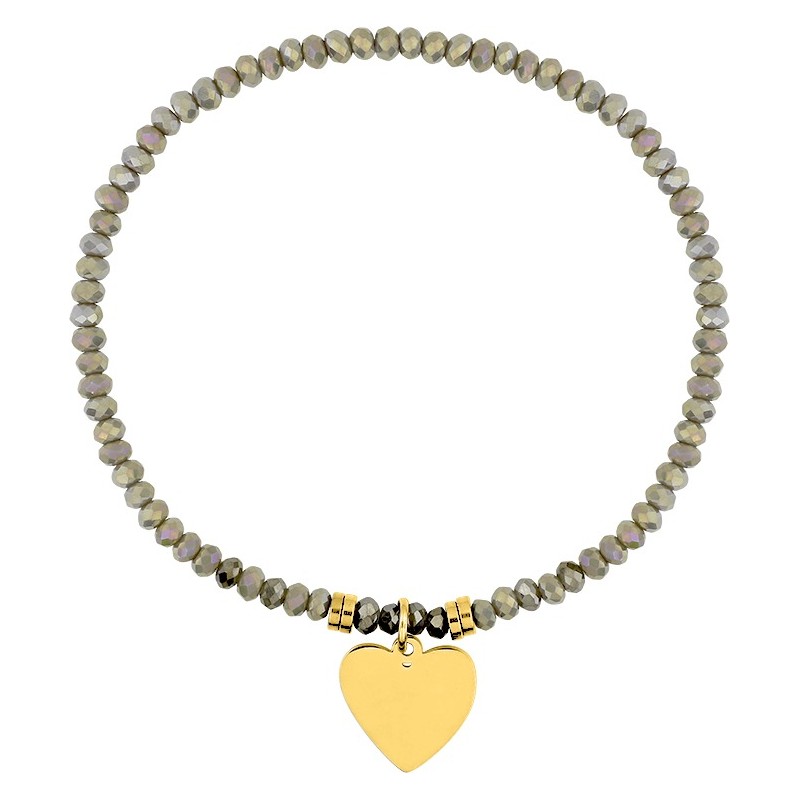 Bracelet Amporelle élastiqué en acier doré avec cristaux gris et breloque coeur