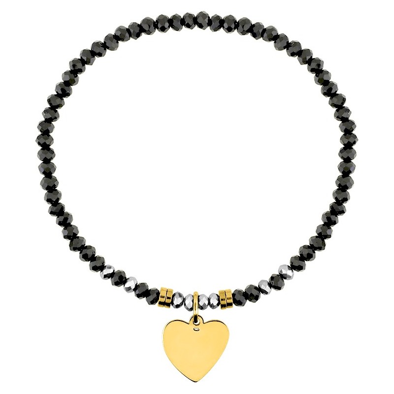Bracelet Amporelle élastiqué en acier doré avec cristaux noirs et breloque coeur