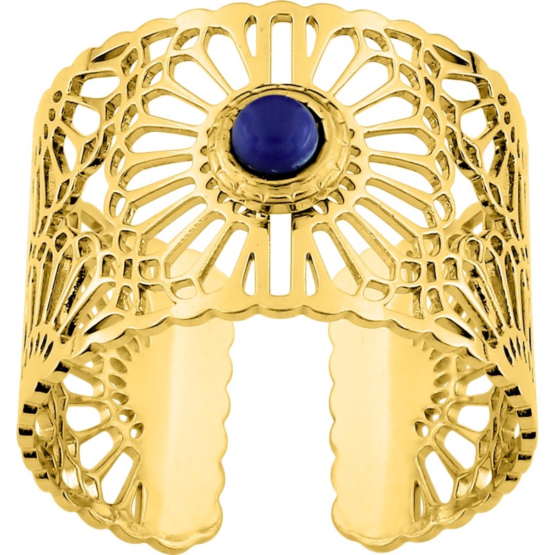 Bague Ajustable Amporelle en acier doré ajourée et Pierre bleue synthétique