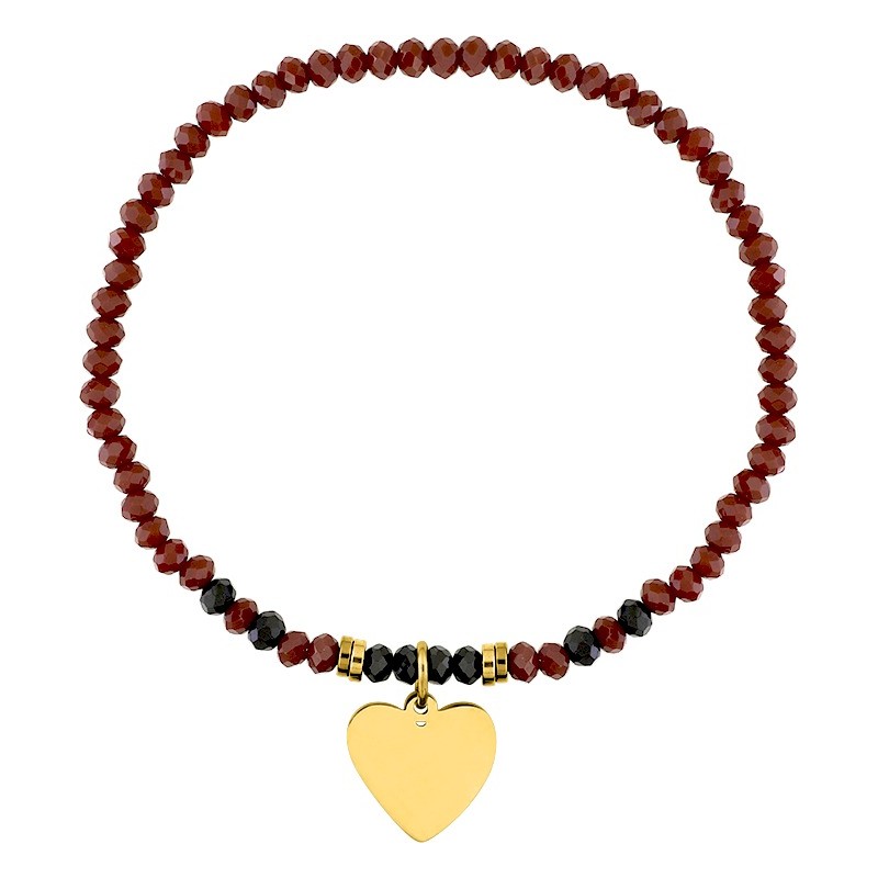 Bracelet Amporelle élastiqué en acier doré avec cristaux rouges et breloque coeur