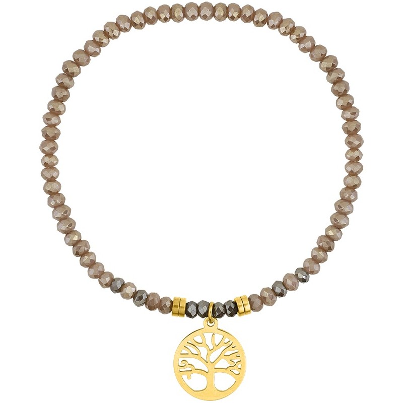 Bracelet Amporelle élastiqué en acier doré avec cristaux roses et breloque arbre de vie
