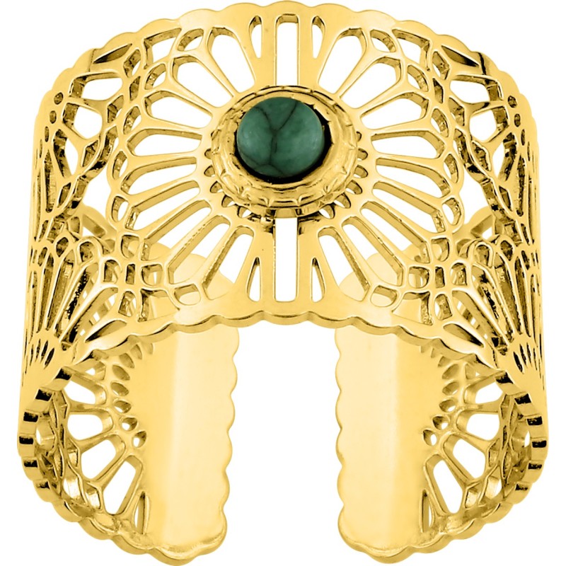 Bague Ajustable Amporelle en acier doré ajourée et Malachite synthétique