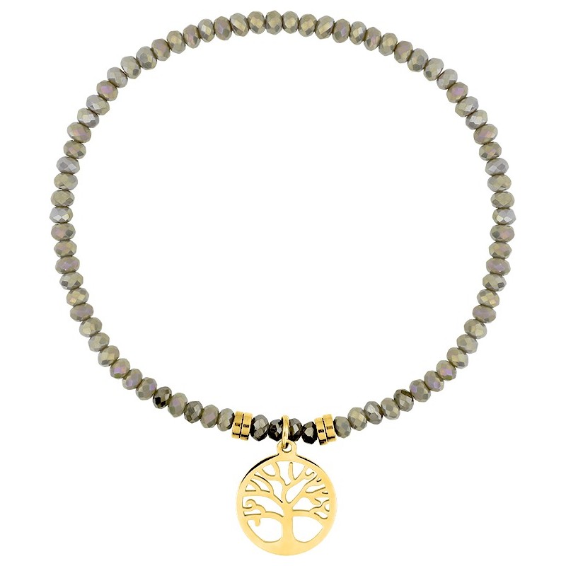 Bracelet Amporelle élastiqué en acier doré avec cristaux gris et breloque arbre de vie