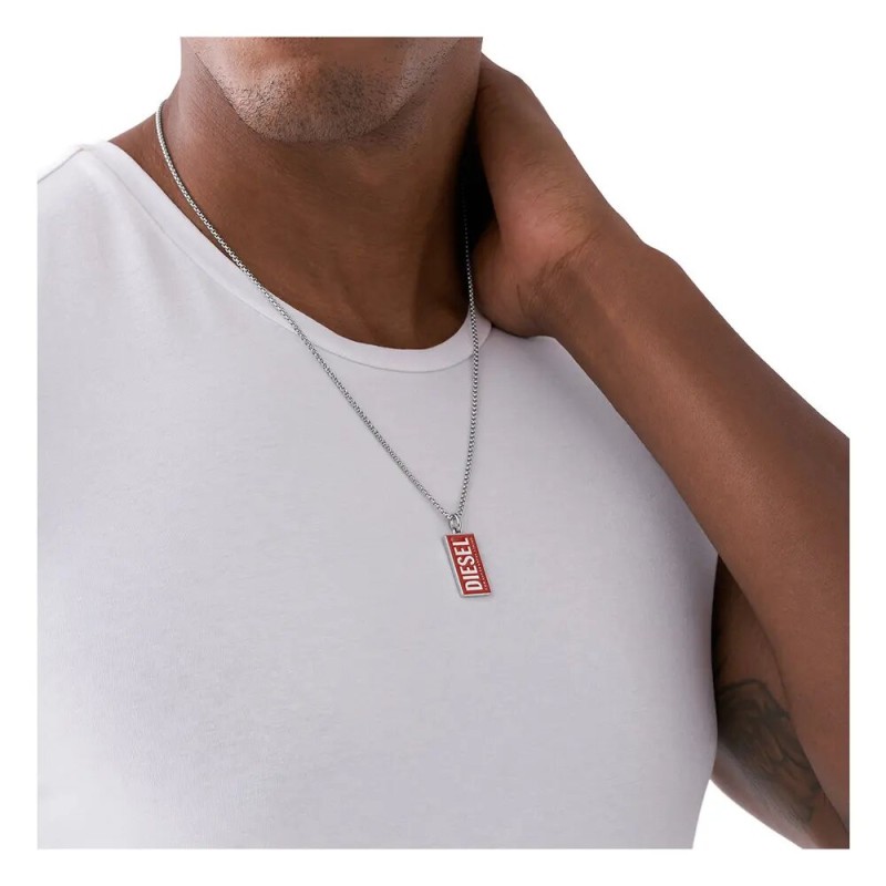 Collier Homme Diesel  en acier avec plaque rouge