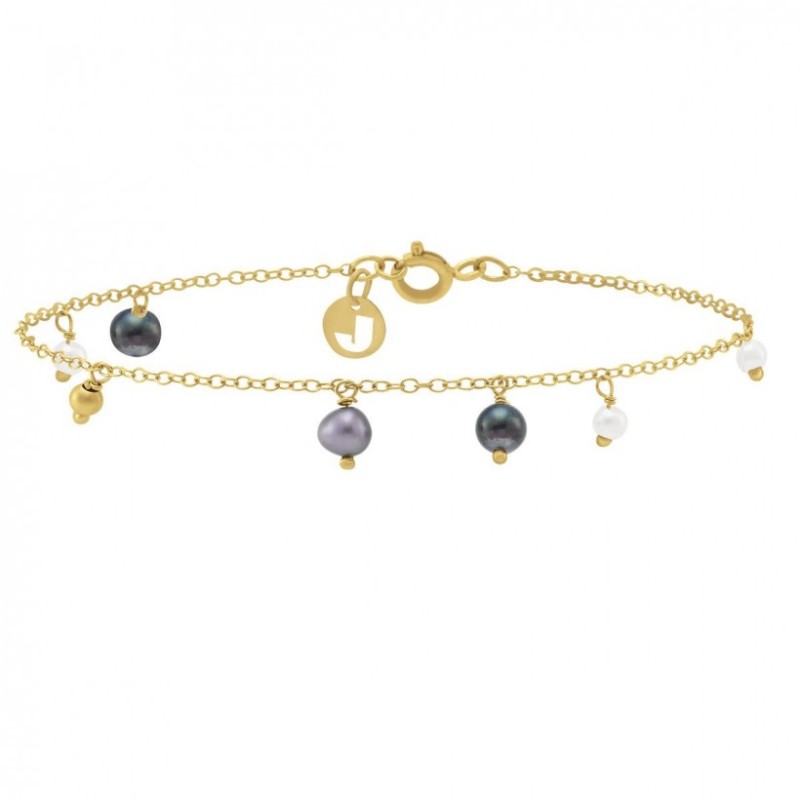 Bracelet Femme Jourdan Or 375/000 Perles pendantes grises et blanches Maille forçat