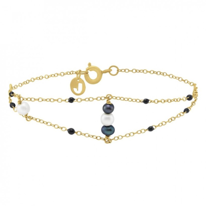 Bracelet Femme Jourdan Or 375/000 3 Perles grises et blanches Maille forçat