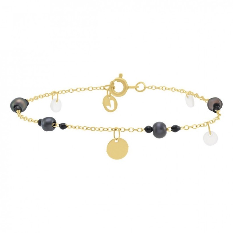 Bracelet Femme Jourdan Or 375/000 Pampille Nacre et Perles grises et blanches Maille forçat