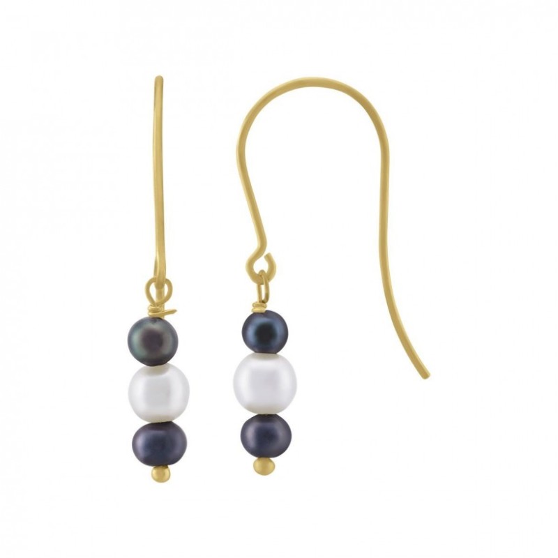 Boucles d'Oreilles Crochets Femme Jourdan Or 375/000 3 Perles noires et blanches