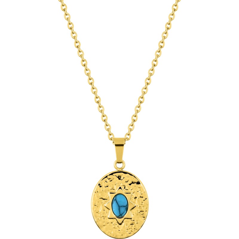 Collier  Amporelle turquoise synthétique sur une plaque martelée en acier doré