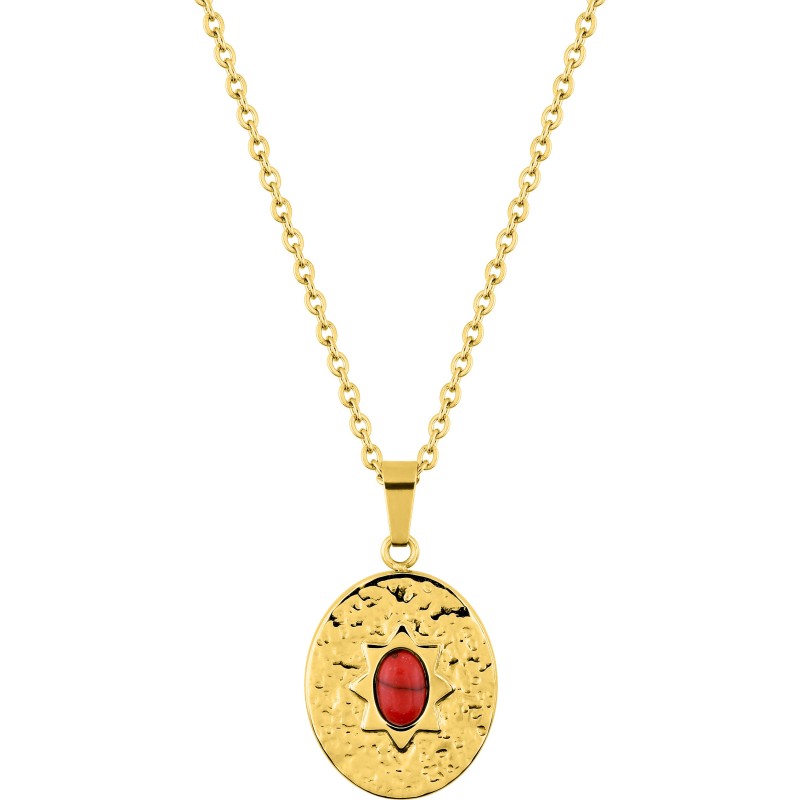 Collier Pendentif Amporelle turquoise rouge synthétique sur une plaque martelée en acier doré