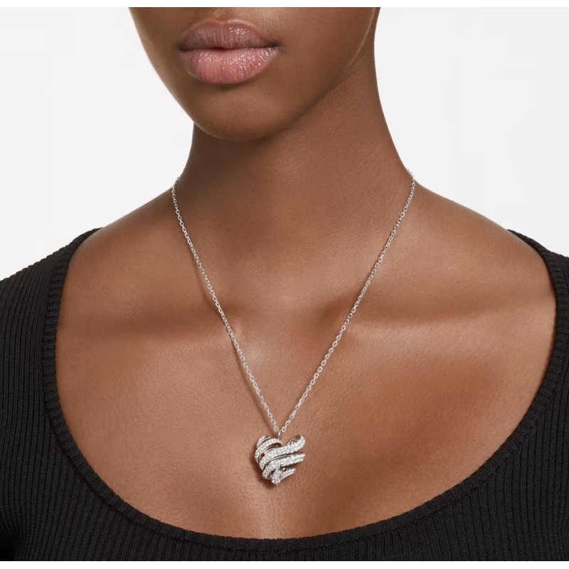 Collier Pendentif Swarovski en acier argenté avec Cristaux  Motif coeur Maille forçat