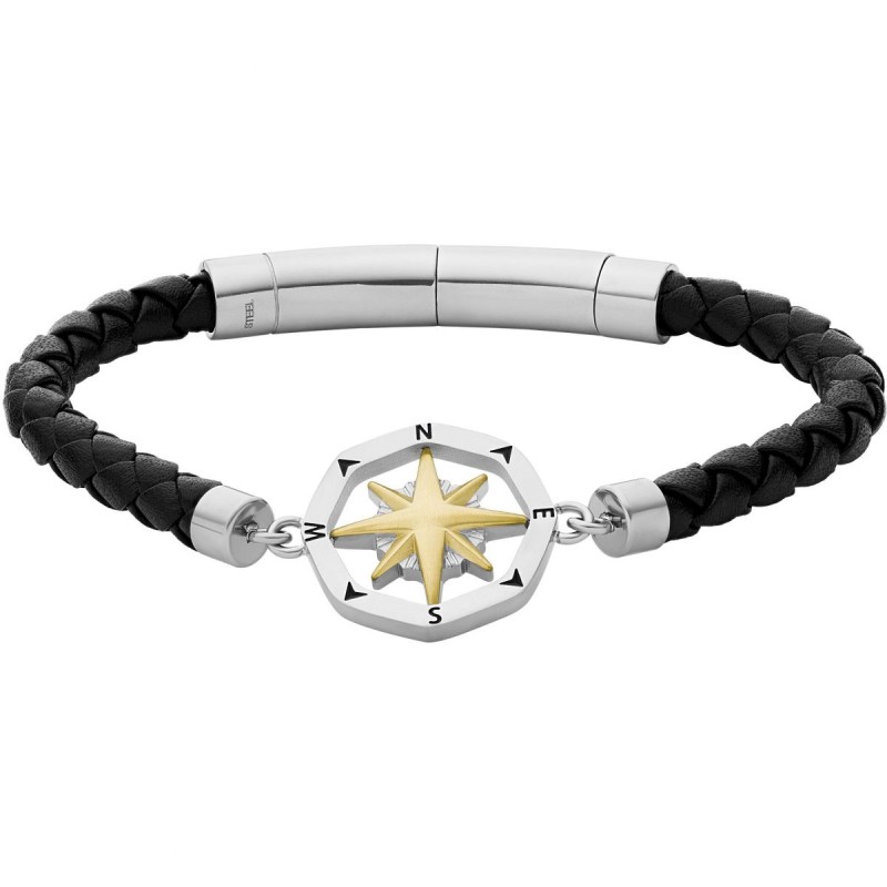 Bracelet Homme Fossil en Acier argenté et Cuir tressé noir Motif Rose des vents