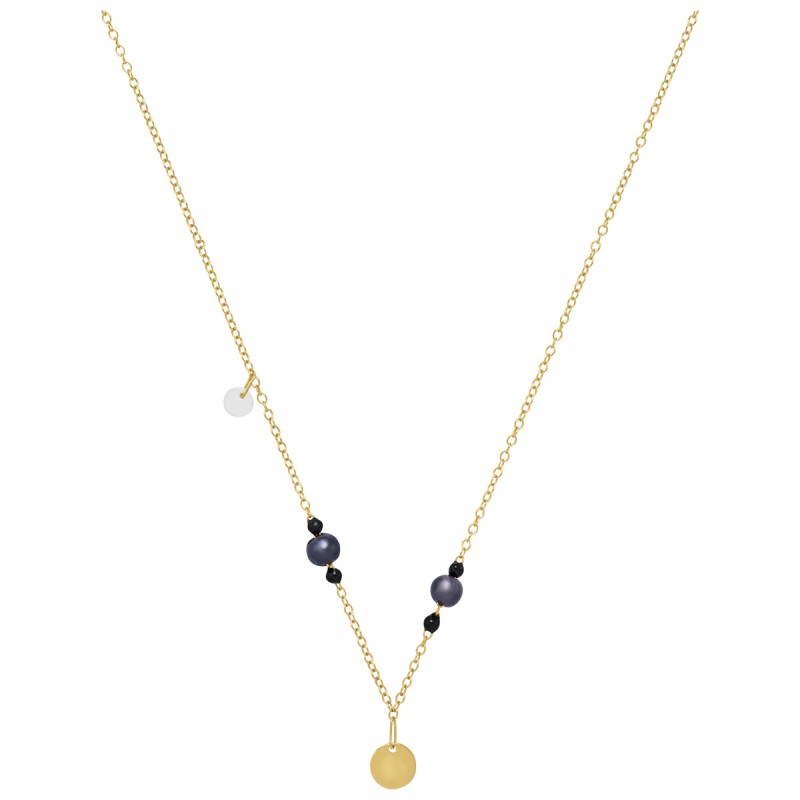 Collier Femme Jourdan en Or 375/000 jaune Pampille dorée et Perles noires Maille forçat