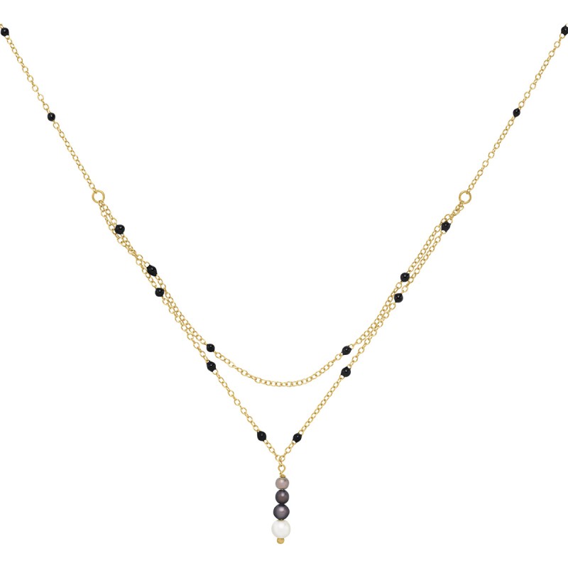 Collier double chaîne Femme Jourdan en Or 375/000 jaune et Perles grises et blanches Maille forçat