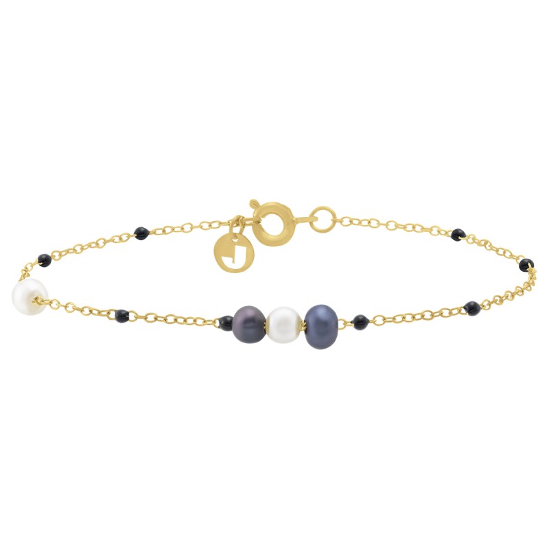 Bracelet Femme Jourdan en Or 375/000 jaune et Perles noires et blanches Maille forçat