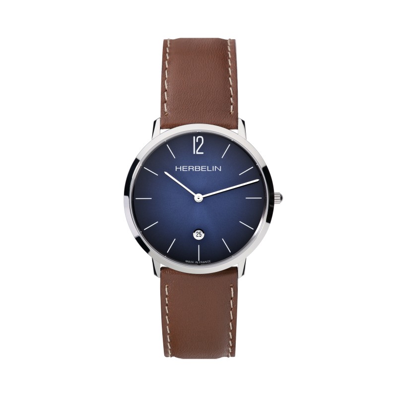 Montre Homme Michel Herbelin Collection CITY Bracelet en Cuir marron Cadran rond bleu nuit