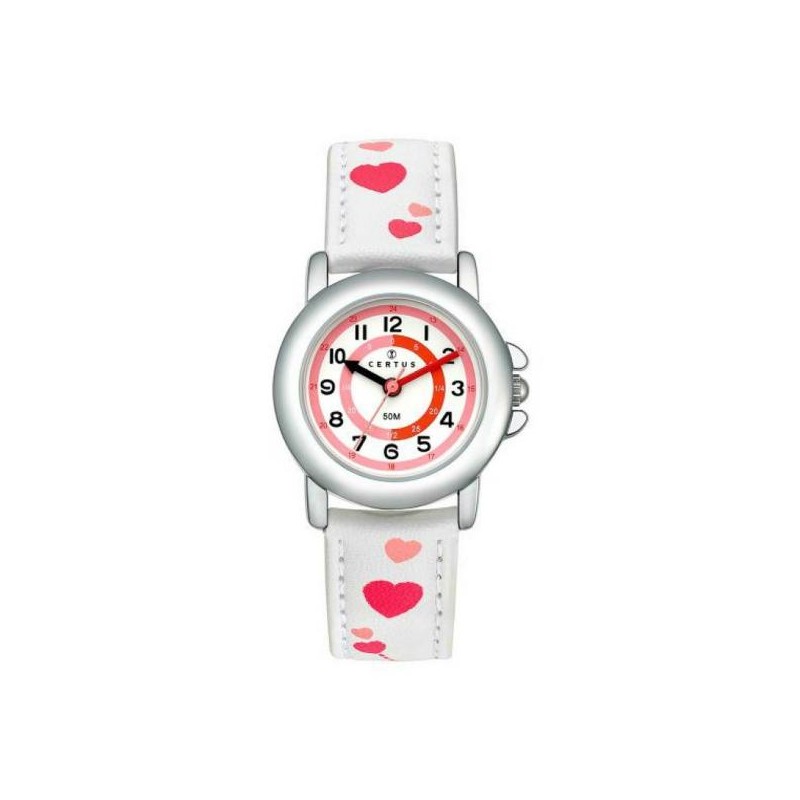 MONTRE CERTUS ENFANT EN CUIR BLANC AVEC COEURS CADRAN PEDAGOGIQUE