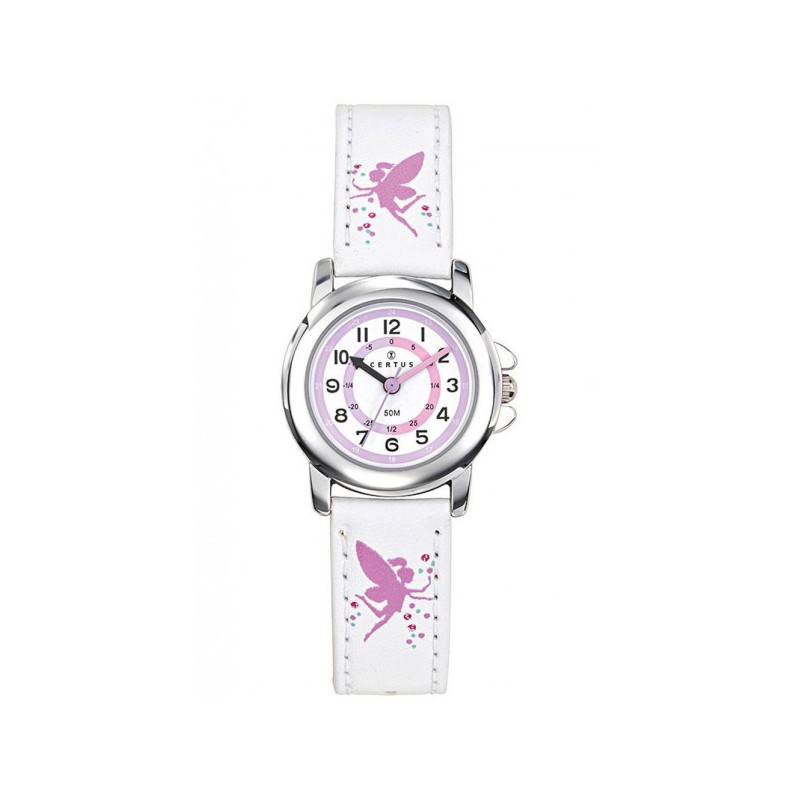 MONTRE CERTUS ENFANT EN CUIR BLANC AVEC FEES CADRAN PEDAGOGIQUE