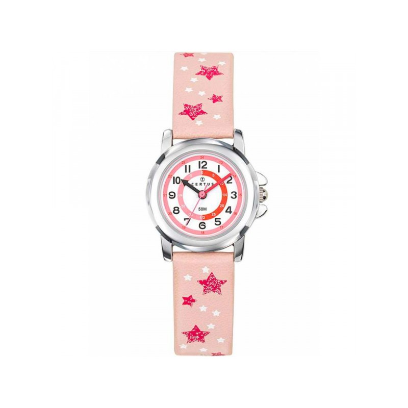 MONTRE CERTUS ENFANT EN CUIR ROSE ETOILES CADRAN PEDAGOGIQUE
