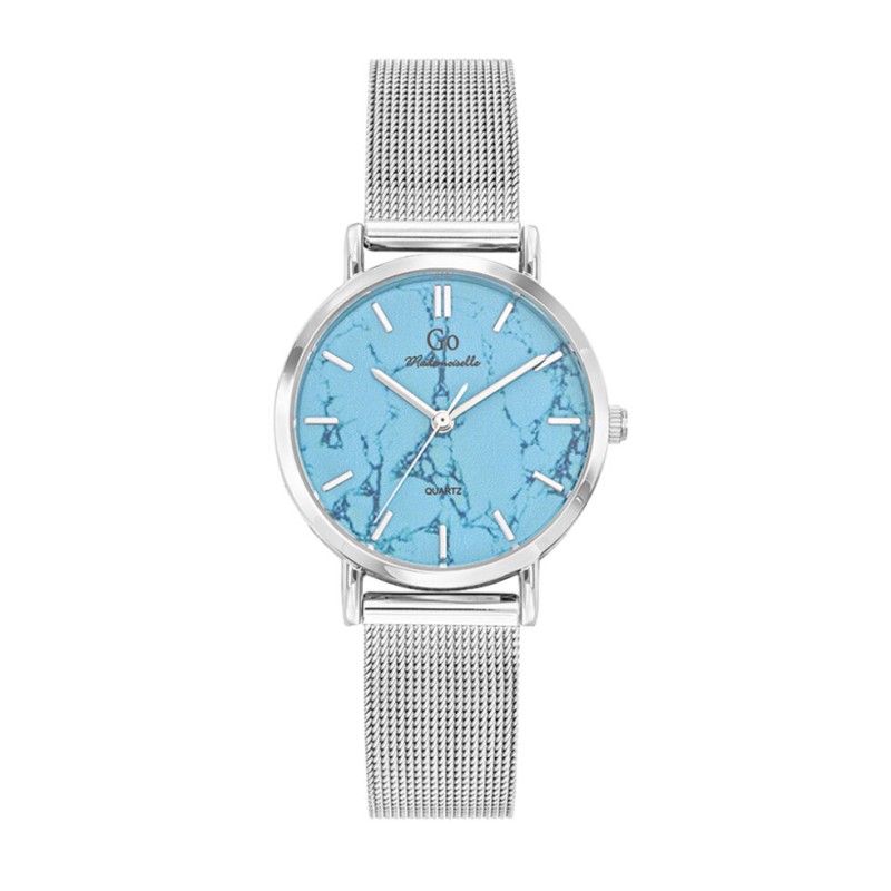 MONTRE GO GIRL ONLY BRACELET ARGENTE MAILLES MILANAISES CADRAN BLEU CIEL EFFET MARBRE