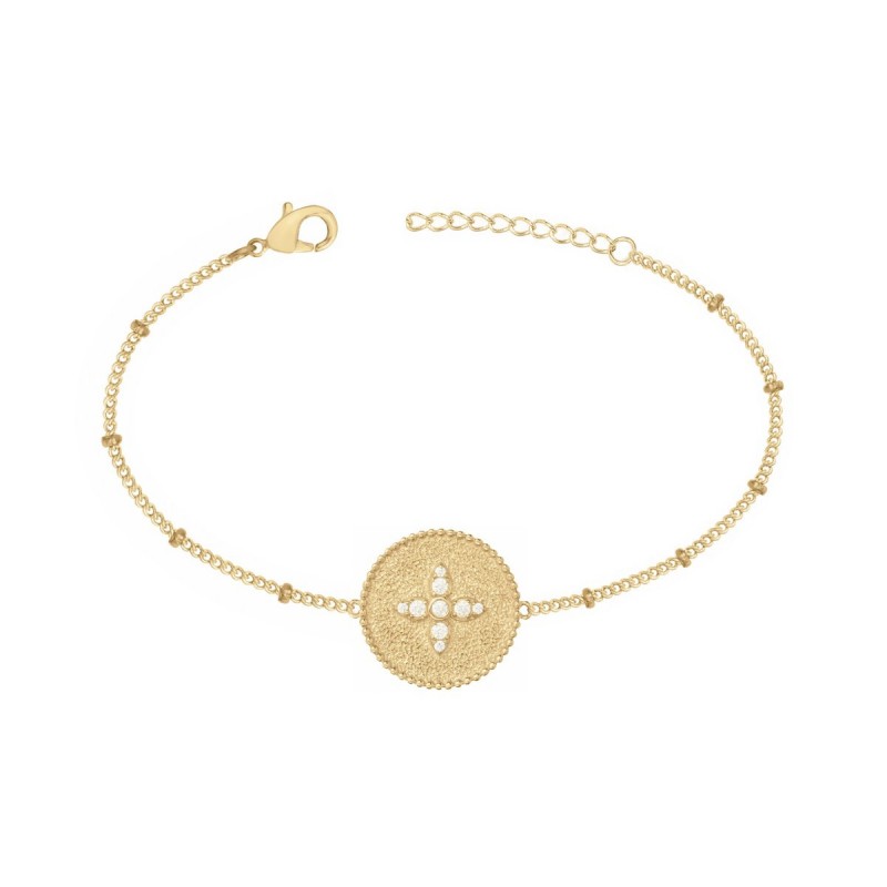 Bracelet Femme Carador en Plaqué Or et Oxydes de zirconium plaque ronde  Motif croix