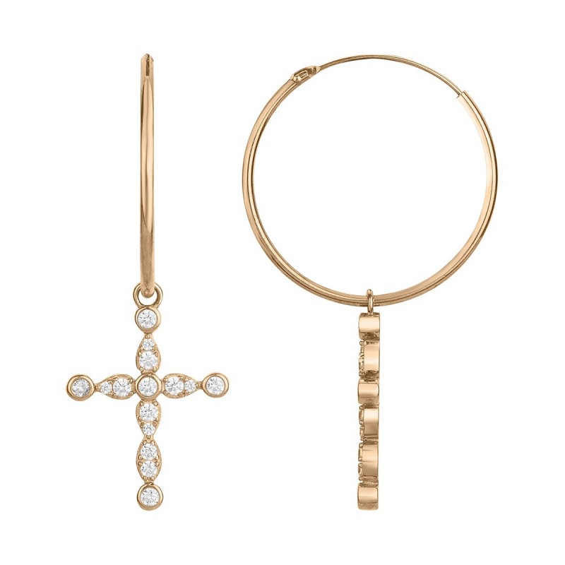 Boucles d"oreilles Créoles Carador Femme en Plaqué Or et Oxydes de zirconium Motif croix