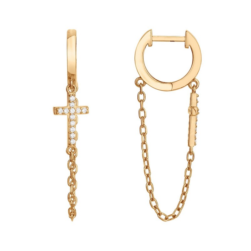 Boucles d'oreilles Créoles avec chainette Carador en Plaqué Or et Oxydes de zirconium Motif croix