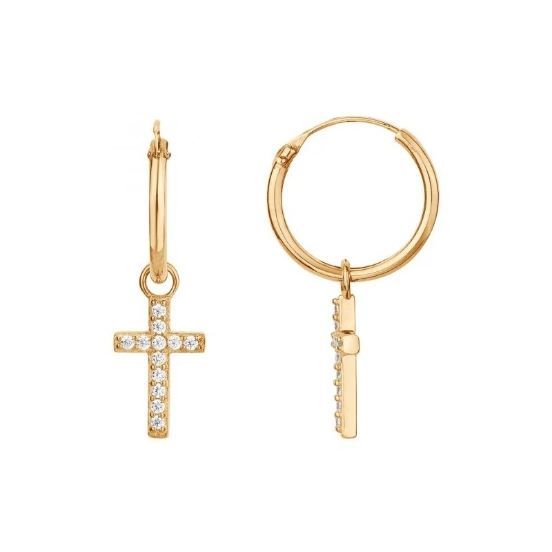 Boucles d'oreilles Créoles Carador Femme en Plaqué Or et Oxydes de zirconium Pampilles croix