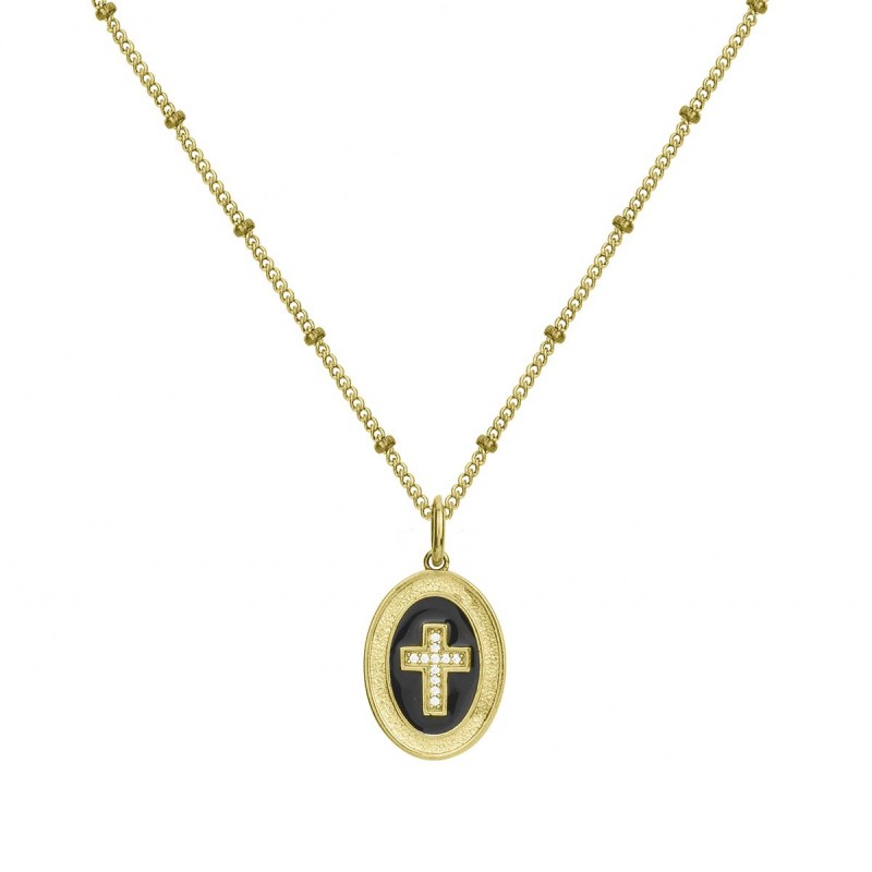 Collier Carador Femme en Plaqué Or plaque au fond noir avec croix en oxydes de zirconium