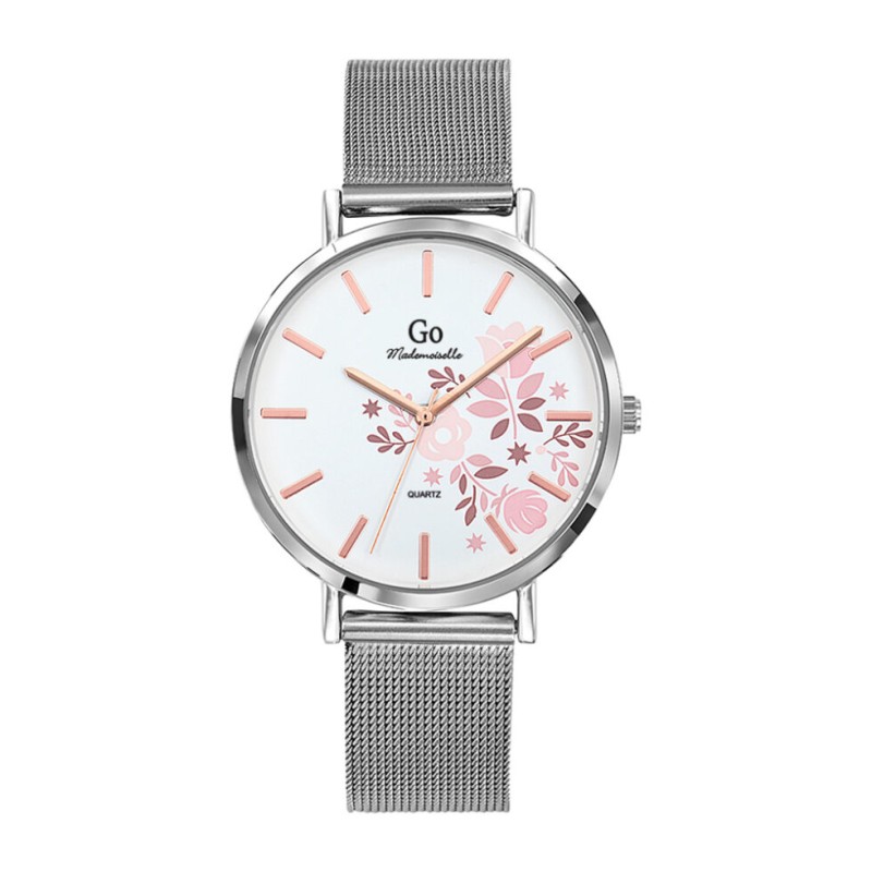 MONTRE GO GIRL ONLY BRACELET ARGENTE MAILLES MILANAISES CADRAN BLANC ORNE DE FLEURS ROSES