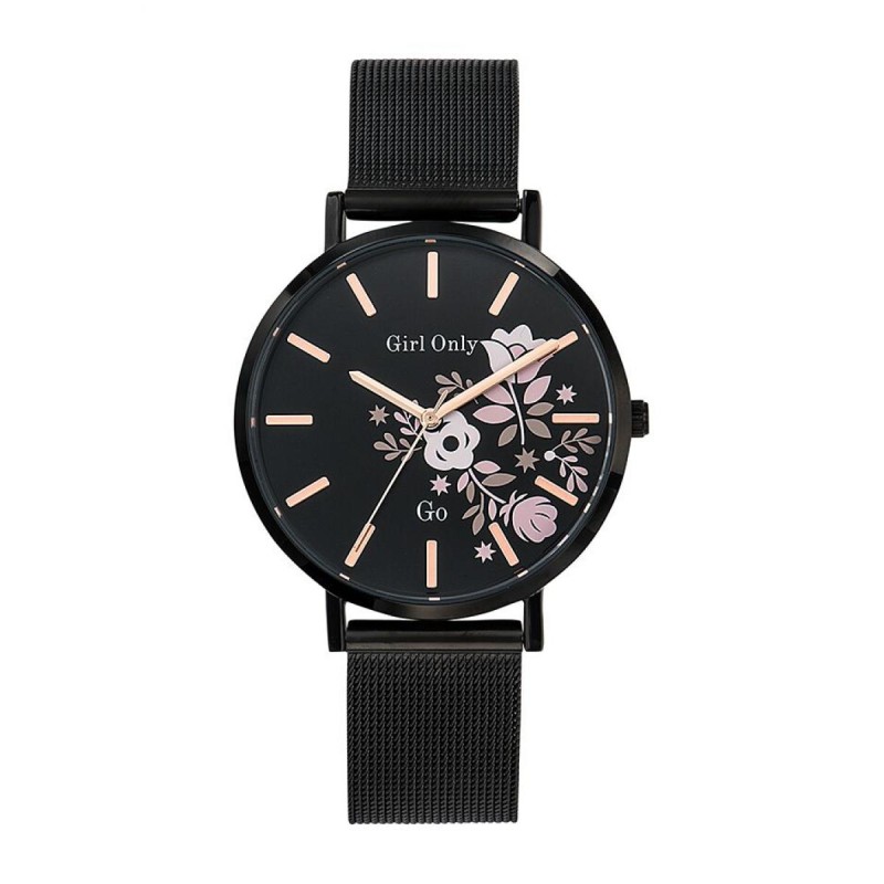 MONTRE GO GIRL ONLY BRACELET NOIR MAILLES MILANAISES CADRAN NOIR ORNE DE FLEURS ROSES
