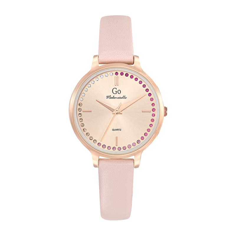 MONTRE GO GIRL ONLY BRACELET CUIR ROSE BOITIER DORE ROSE ET GRADUATION DES MINUTES EN STRASS