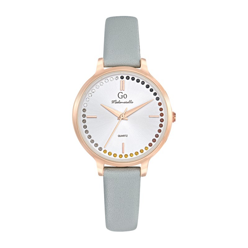 MONTRE GO GIRL ONLY BRACELET CUIR GRIS BOITIER DORE ROSE ET GRADUATION DES MINUTES EN STRASS