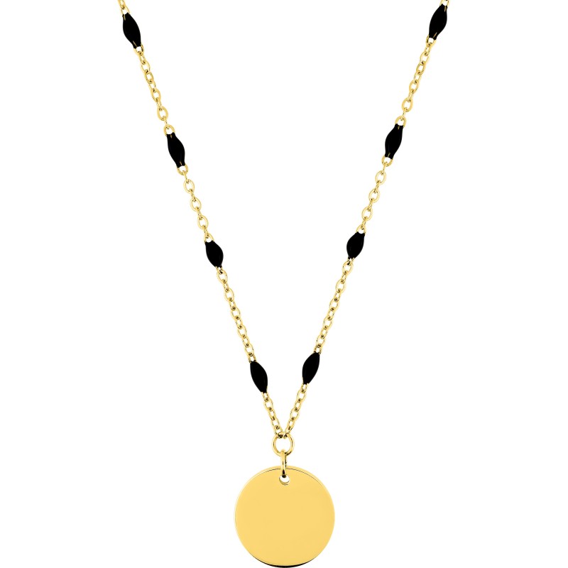 Collier Pendentif plaque ronde  Amporelle en acier doré avec époxy noir sur la chaîne