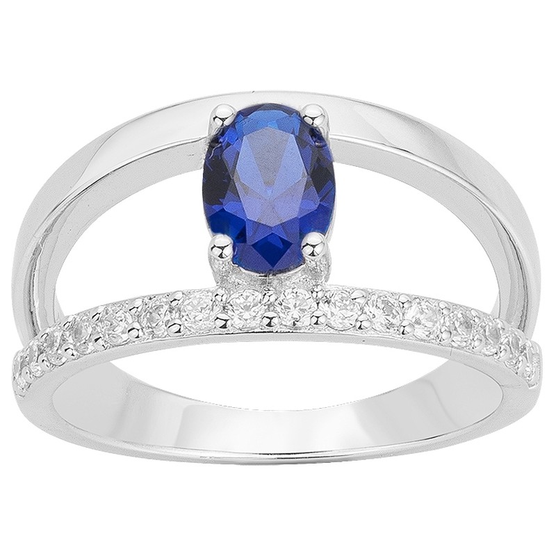 Bague Femme Carador double anneau en Argent avec Spinelle bleu et Oxydes