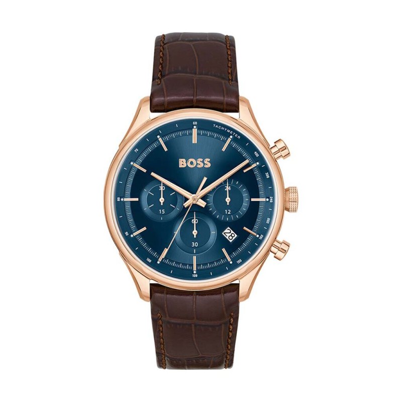 Montre Boss Gregor homme bracelet cuir marron cadran bleu