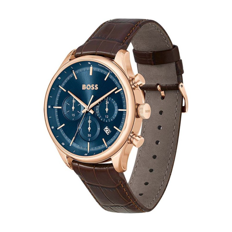 Montre Boss Gregor homme bracelet cuir marron cadran bleu