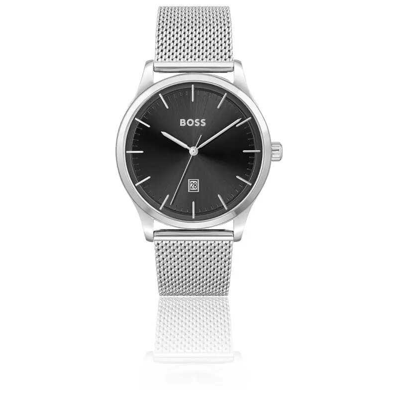Montre Boss Business reason homme bracelet mialanais argenté cadran noir