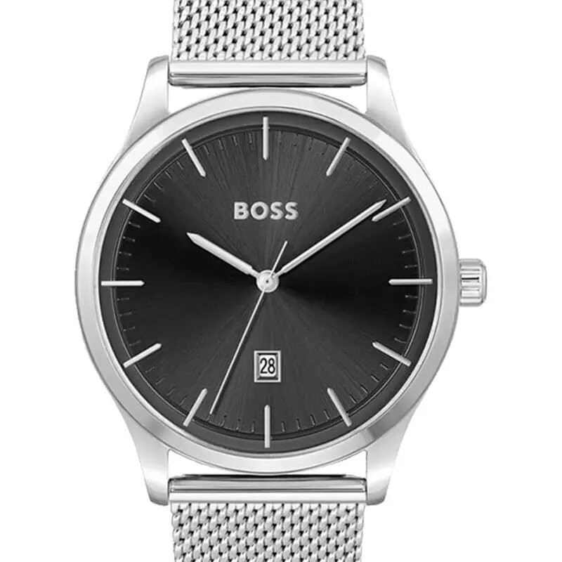 Montre Boss Business reason homme bracelet mialanais argenté cadran noir