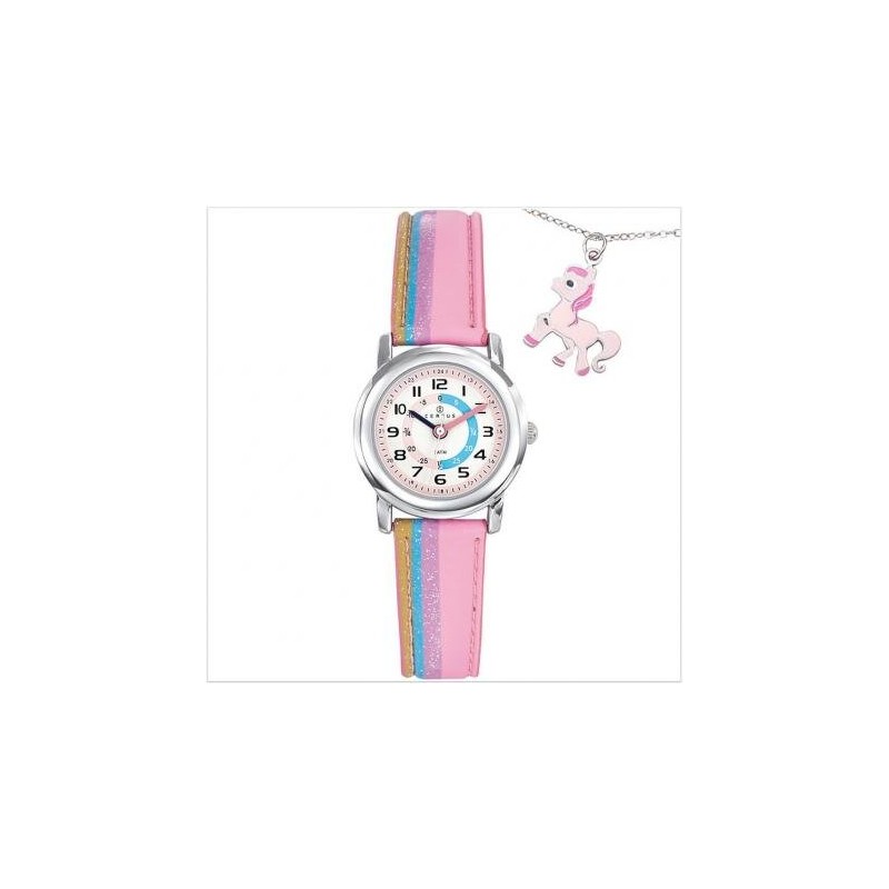 MONTRE CERTUS FILLE EN CUIR ROSE CADRAN PEDAGOGIQUE + BRACELET PONEY