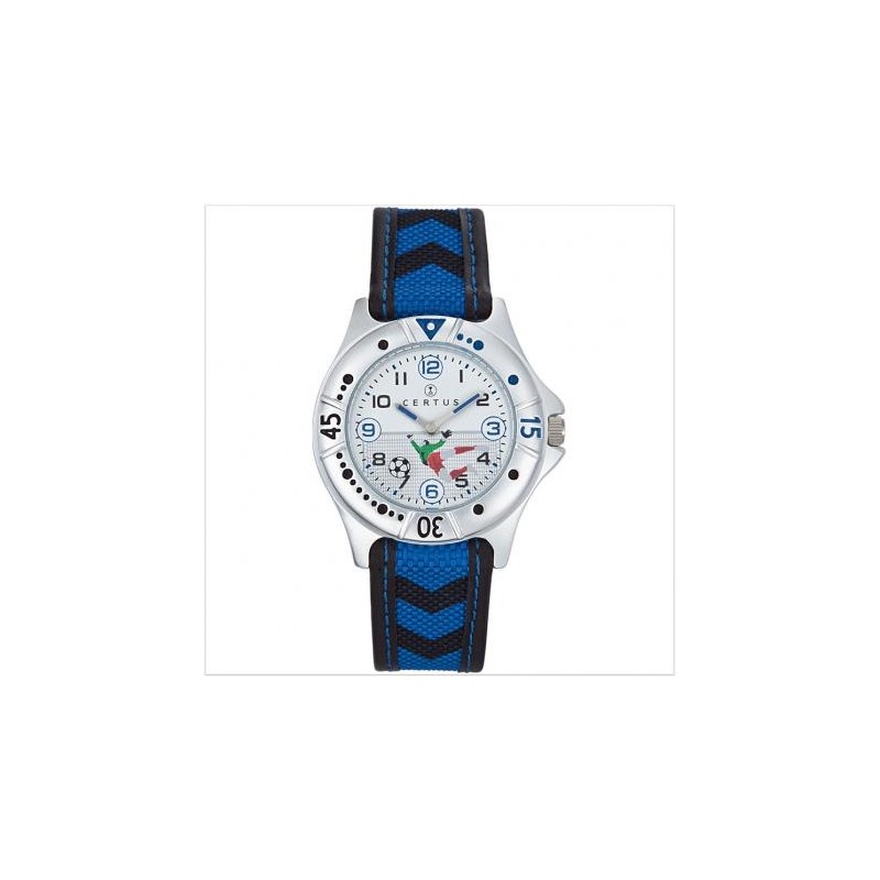 MONTRE CERTUS ENFANT EN TISSU BLEU ET NOIR MOTIF FOOT DANS CADRAN