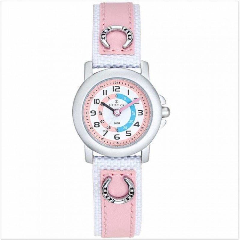 MONTRE CERTUS FILLE EN TISSU BLANC ET ROSE AVEC FER A CHEVAL CADRAN PEDAGOGIQUE