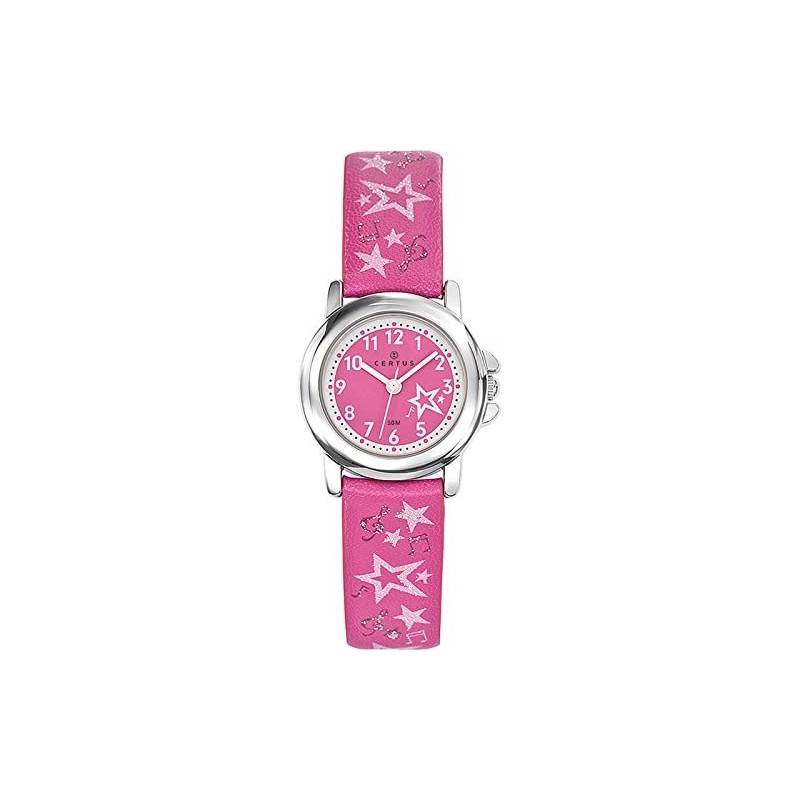 MONTRE CERTUS ENFANT EN CUIR ROSE AVEC ETOILES  ET NOTES DE MUSIQUECADRAN ROSE